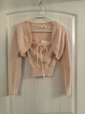Altar'd State Blush Fuzzy Tie-Front Crop Cardigan